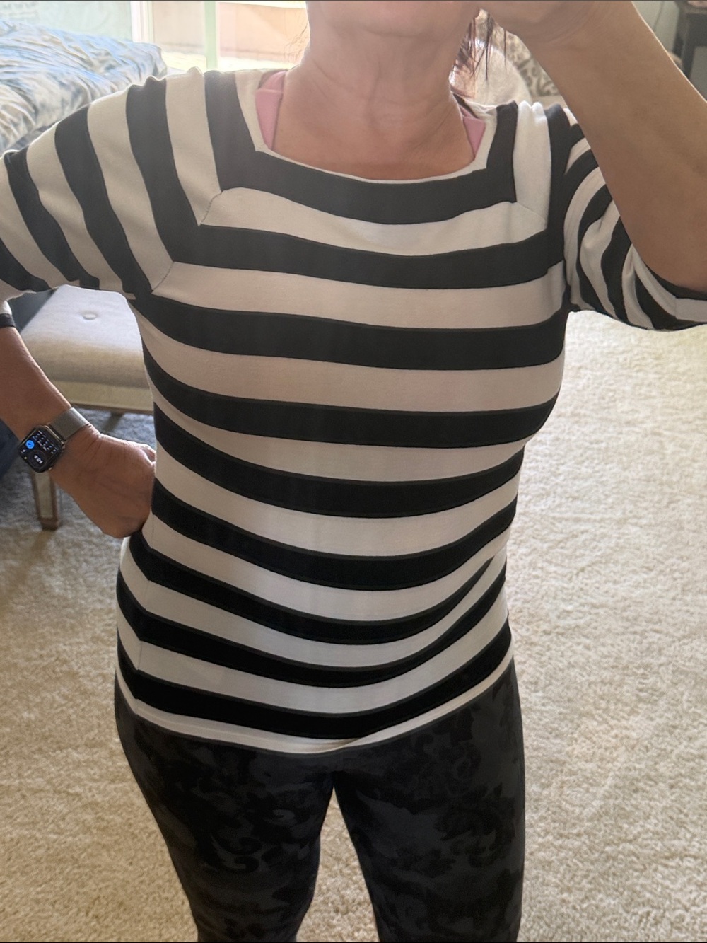 White House Black Market Black and White Striped Short Sleeve Top